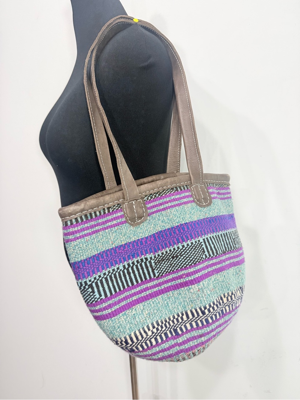Hand Crafted Purple Teal Woven Circular Ethnic Boho Festival Kilim Bucket Bag